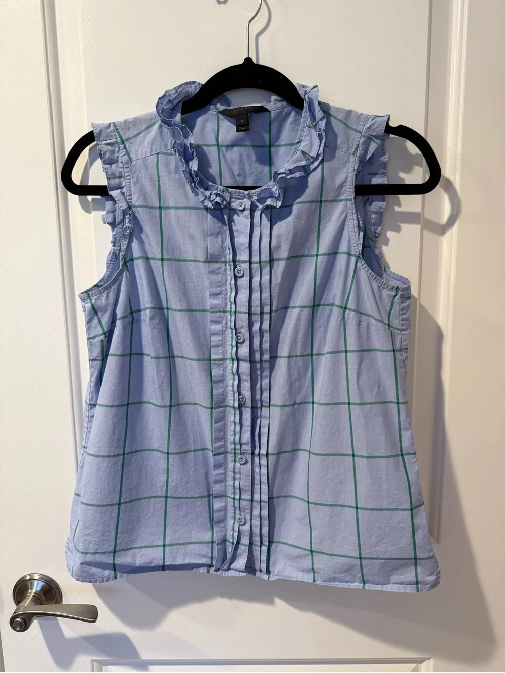 J. Crew Light Blue & Green Windowpane Ruffle Collar Blouse